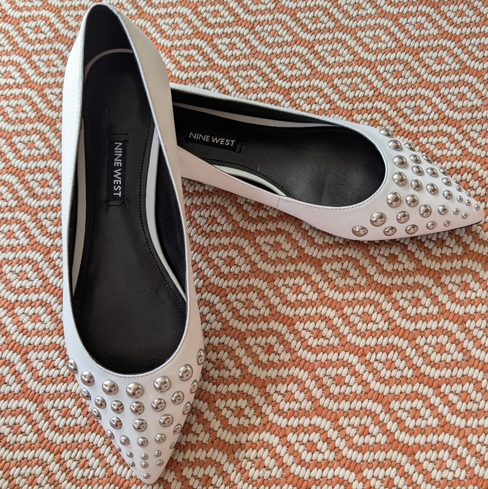 Nine West White Pointed-Toe Studded Flats Size 7.5